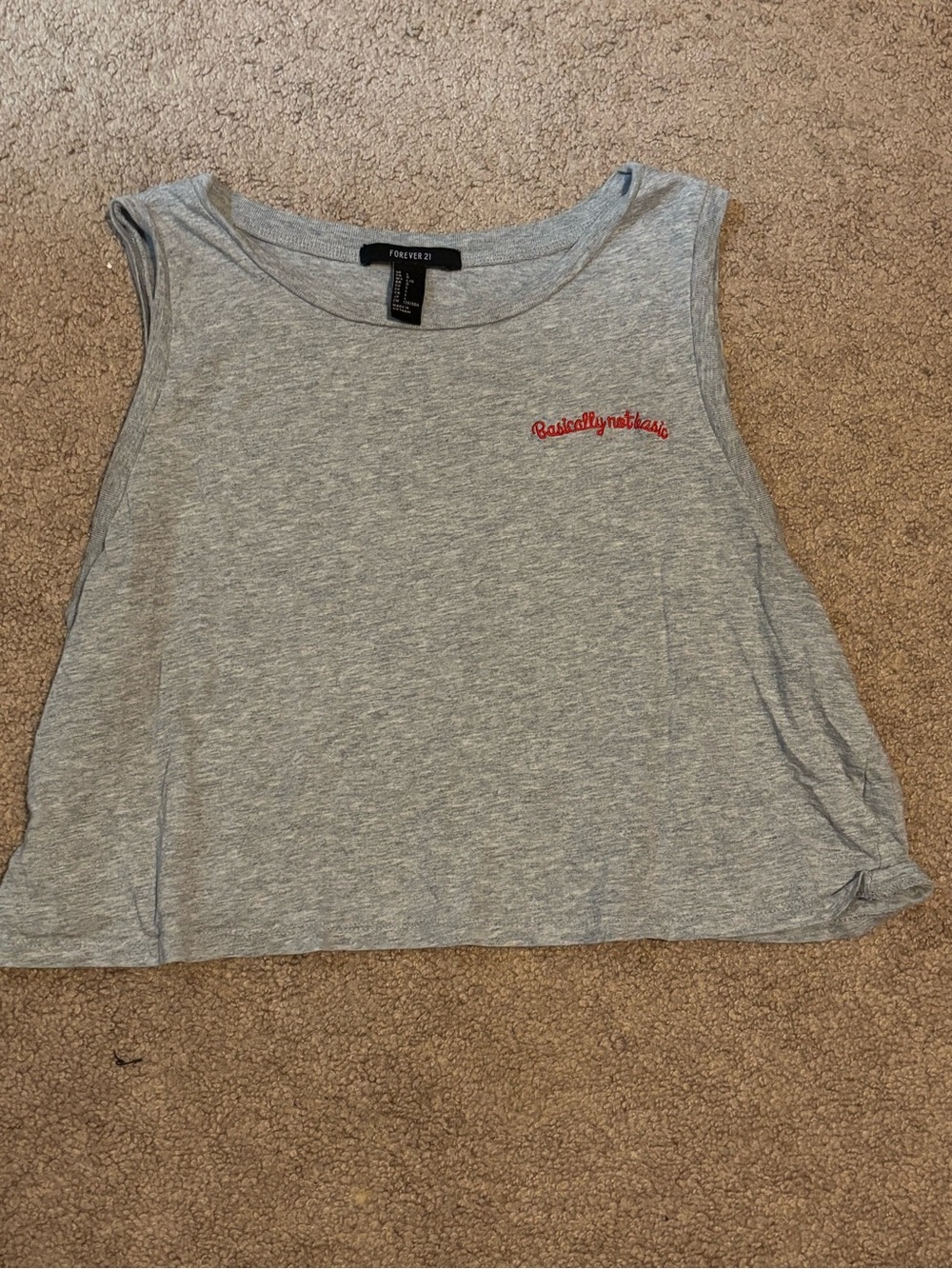 Forever 21 Gray Cropped Sleeveless Tank with Red Script